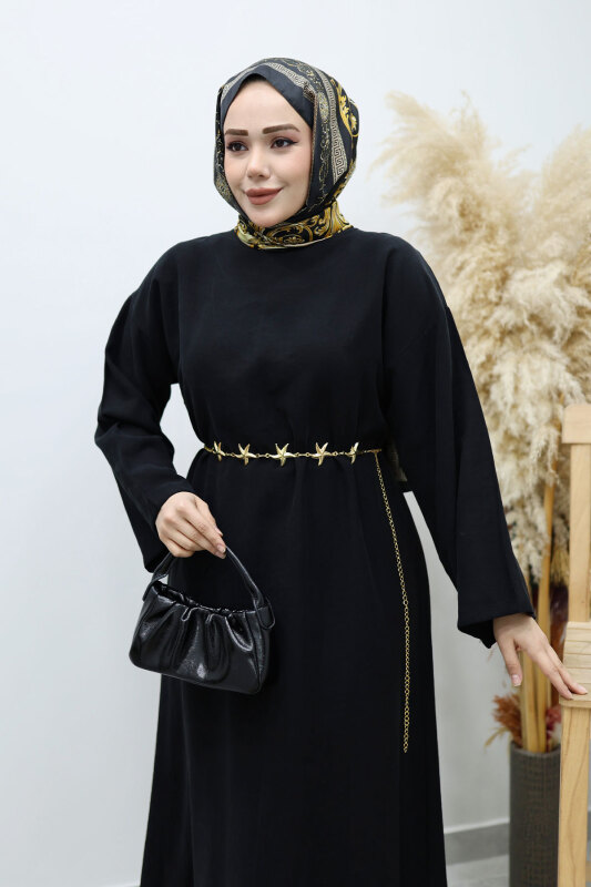 Yıldız Kemerli Elbise TSD260139 Siyah - Tesettür Dünyası (1)