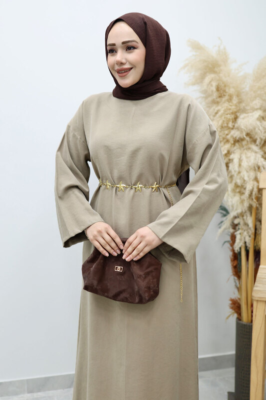 Yıldız Kemerli Elbise TSD260139 Vizon - Tesettür Dünyası (1)