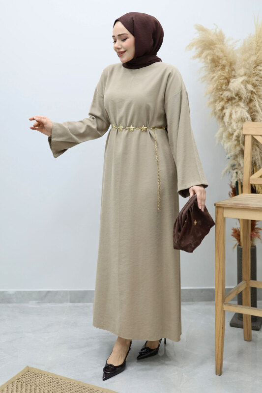 Yıldız Kemerli Elbise TSD260139 Vizon - 5