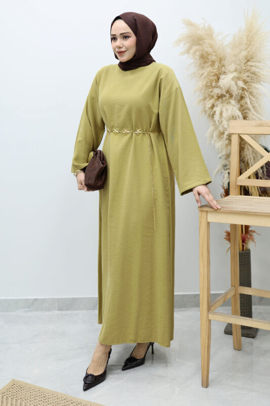 Yıldız Kemerli Elbise TSD260139 Yağ Yeşili - Tesettür Dünyası