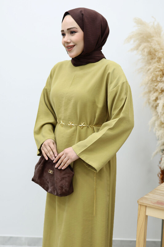 Yıldız Kemerli Elbise TSD260139 Yağ Yeşili - Tesettür Dünyası (1)