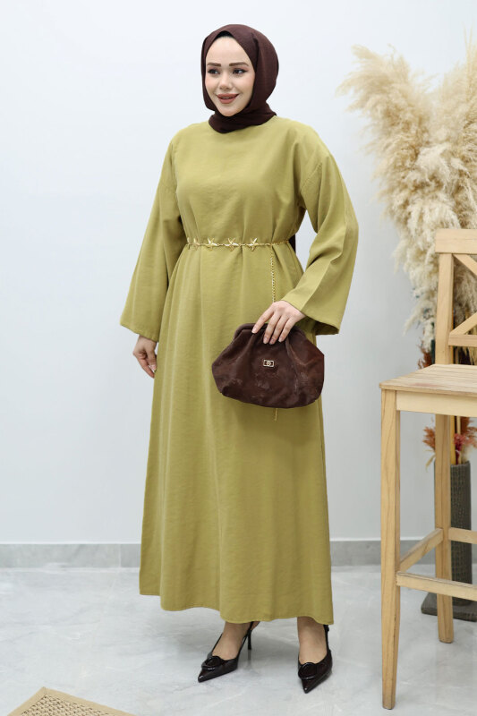 Yıldız Kemerli Elbise TSD260139 Yağ Yeşili - 3