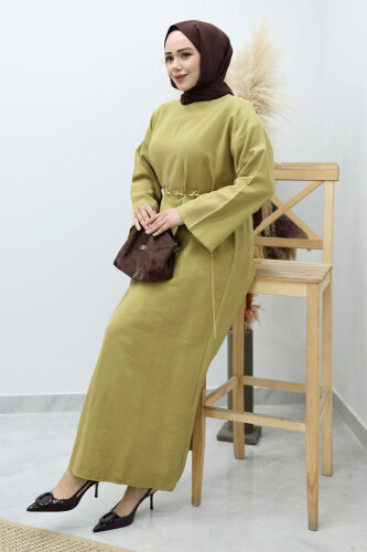 Yıldız Kemerli Elbise TSD260139 Yağ Yeşili - 5