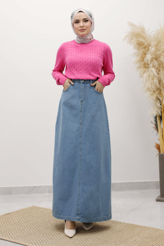 Yüksek Bel Kot Etek TSD260120 Açık Mavi - 3