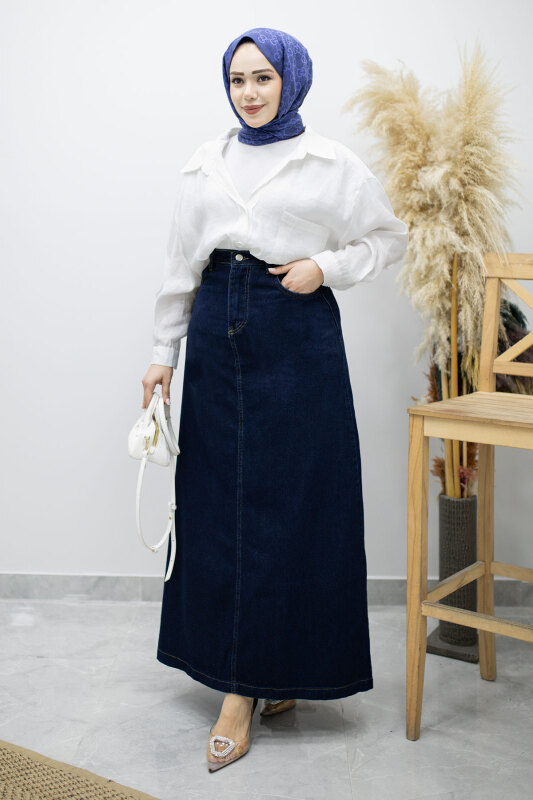 Yüksek Bel Kot Etek TSD260120 Koyu Mavi - Tesettür Dünyası