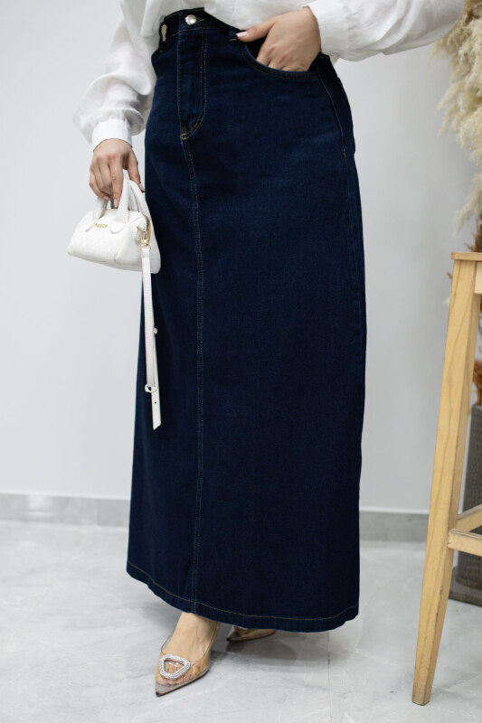 Yüksek Bel Kot Etek TSD260120 Koyu Mavi - 4