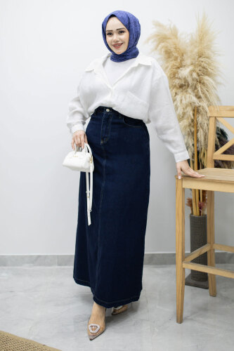Yüksek Bel Kot Etek TSD260120 Koyu Mavi - 3
