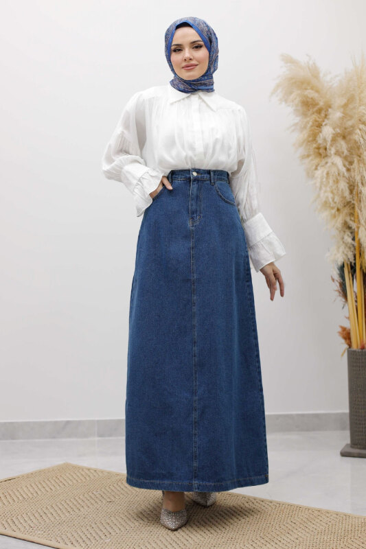 Yüksek Bel Kot Etek TSD260120 Mavi - Tesettür Dünyası
