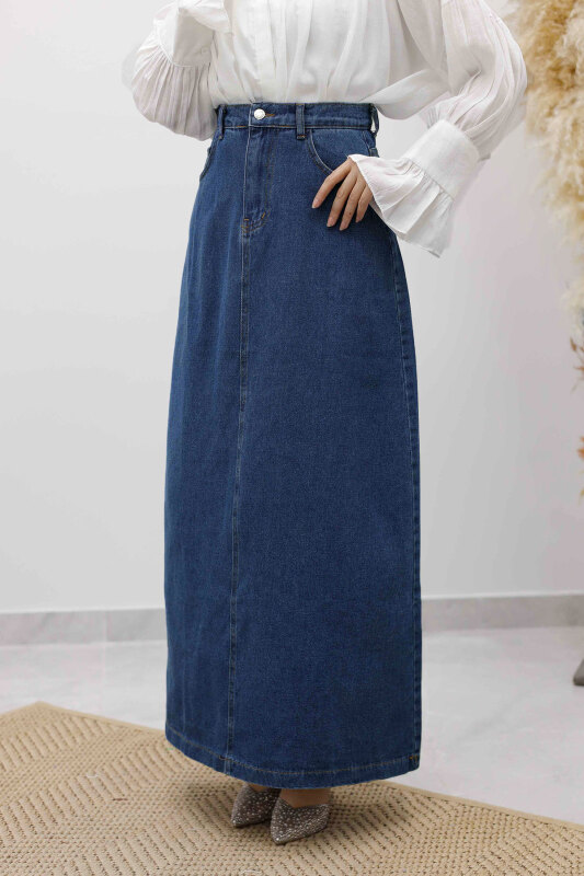 Yüksek Bel Kot Etek TSD260120 Mavi - Tesettür Dünyası (1)