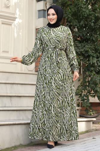Zebra Desenli Kolu Lastikli Tesettür Elbise TSD240322 Yeşil 