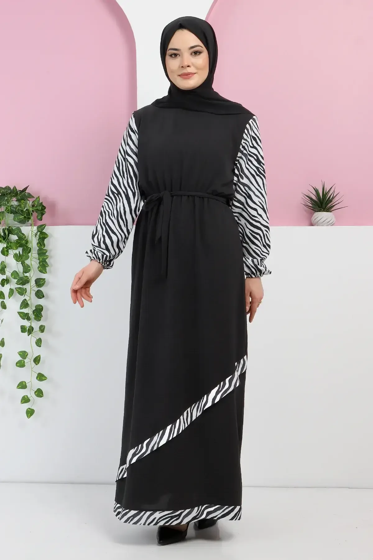 Zebra Detaylı Elbise TSD220326 Siyah - Tesettür Dünyası