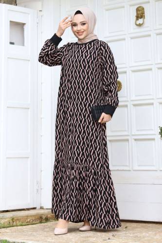 Zikzak Desenli Eteği Volanlı Elbise TSD240237 Vizon - 3