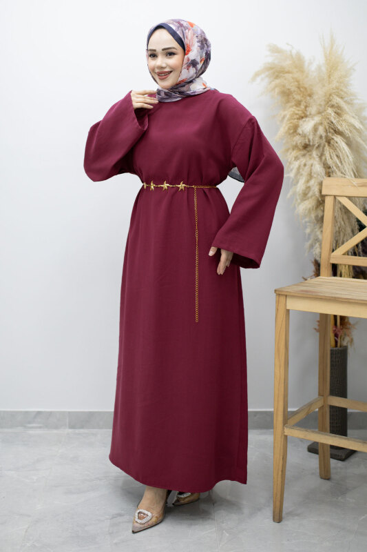 Zincir Kemerli Elbise TSD260191 Fuşya - Tesettür Dünyası