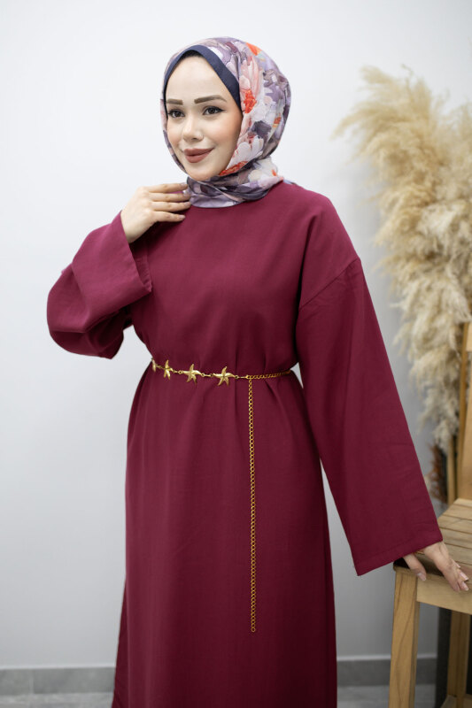 Zincir Kemerli Elbise TSD260191 Fuşya - Tesettür Dünyası (1)