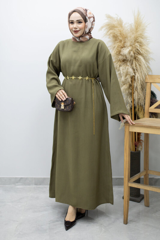 Zincir Kemerli Elbise TSD260191 Haki - Tesettür Dünyası