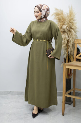 Zincir Kemerli Elbise TSD260191 Haki - 3