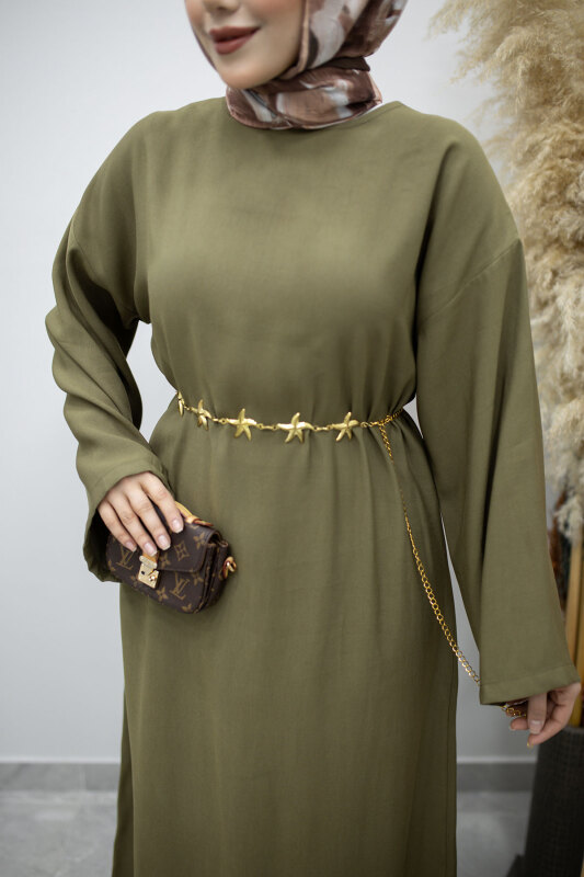 Zincir Kemerli Elbise TSD260191 Haki - 4