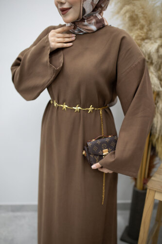 Zincir Kemerli Elbise TSD260191 Kahverengi - 4