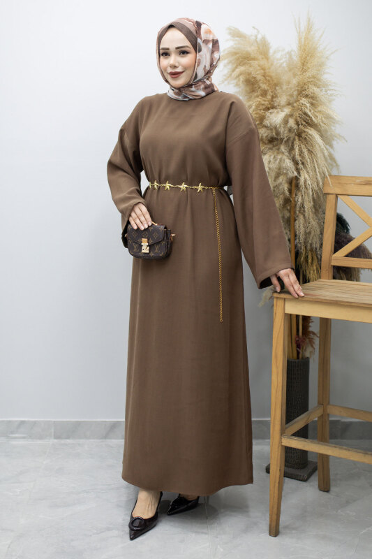 Zincir Kemerli Elbise TSD260191 Kahverengi - 5