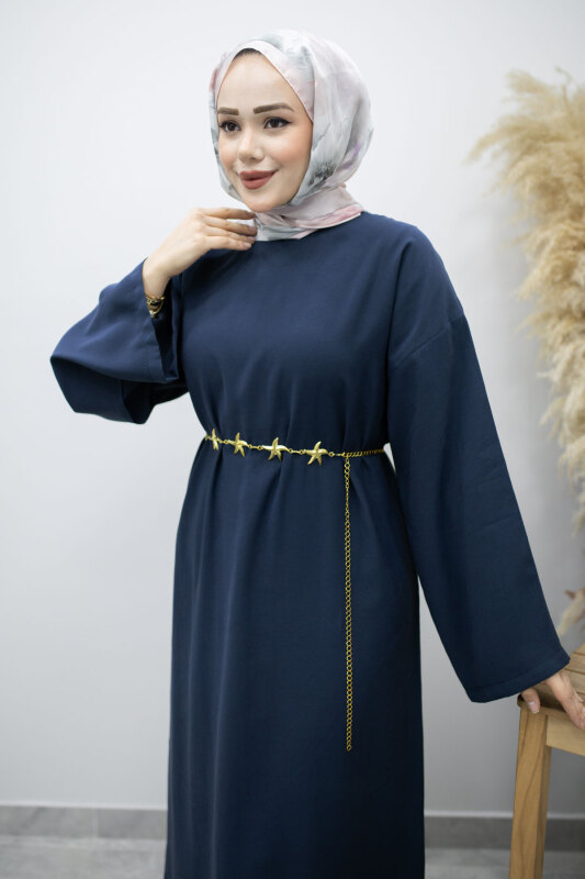 Zincir Kemerli Elbise TSD260191 Lacivert - Tesettür Dünyası (1)