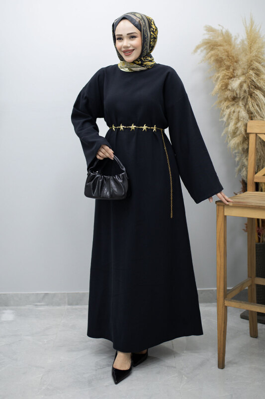 Zincir Kemerli Elbise TSD260191 Siyah - Tesettür Dünyası