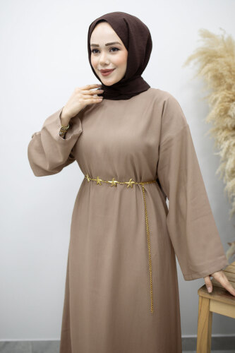Zincir Kemerli Elbise TSD260191 Vizon - 2