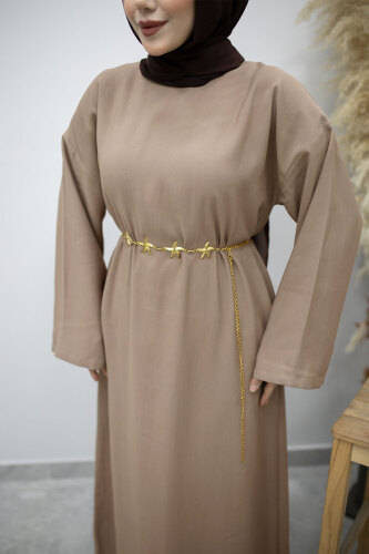 Zincir Kemerli Elbise TSD260191 Vizon - 4