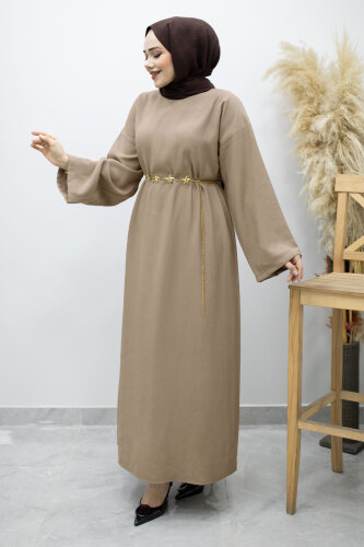 Zincir Kemerli Elbise TSD260191 Vizon - 5