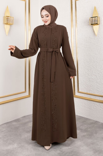 Zincir Taş Detaylı Abaya TSD250126 Kahverengi 