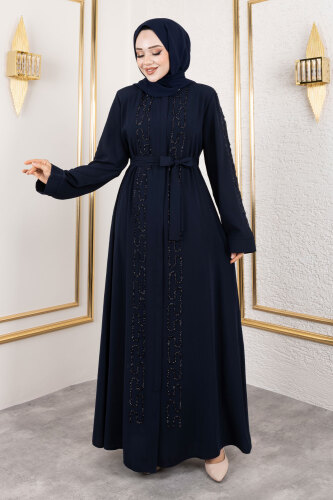 Zincir Taş Detaylı Abaya TSD250126 Lacivert - 1