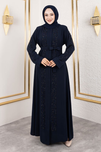 Zincir Taş Detaylı Abaya TSD250126 Lacivert - 3