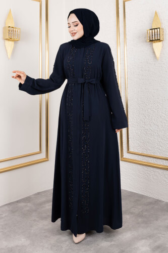 Zincir Taş Detaylı Abaya TSD250126 Lacivert - 4