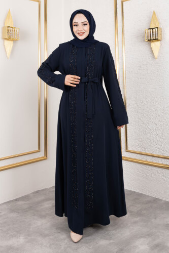 Zincir Taş Detaylı Abaya TSD250126 Lacivert - 5