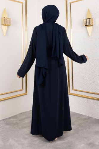 Zincir Taş Detaylı Abaya TSD250126 Lacivert - 6