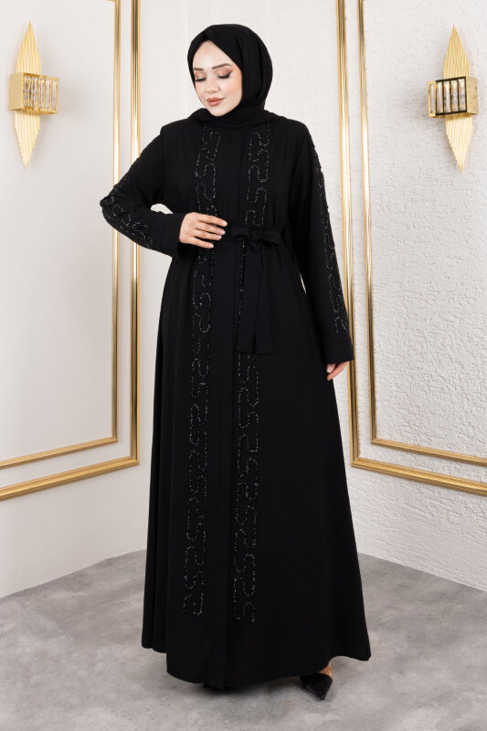 Zincir Taş Detaylı Abaya TSD250126 Siyah - 3