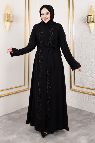 Zincir Taş Detaylı Abaya TSD250126 Siyah 