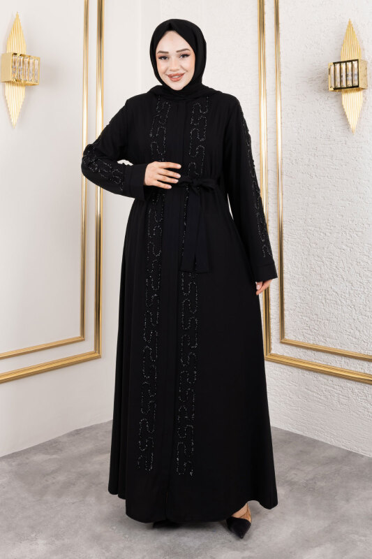 Zincir Taş Detaylı Abaya TSD250126 Siyah - 4