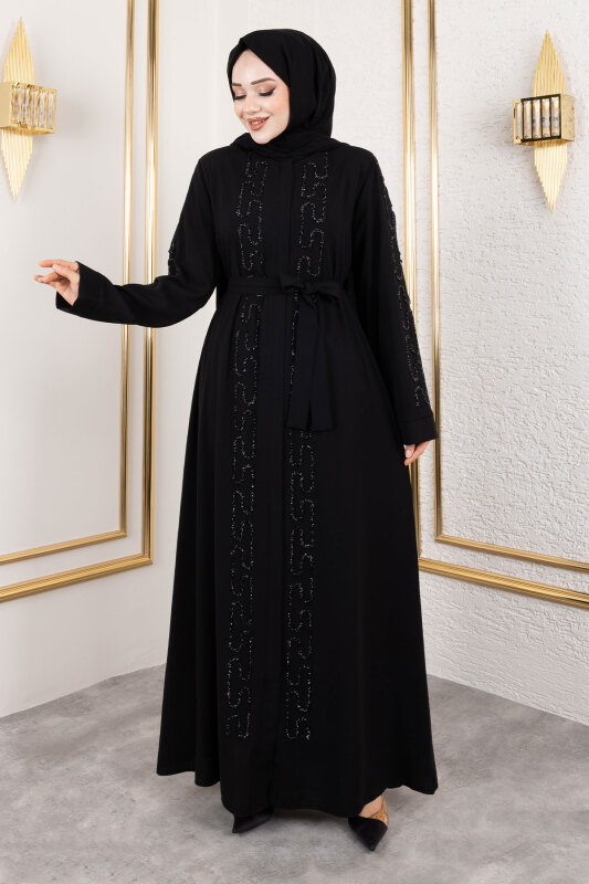 Zincir Taş Detaylı Abaya TSD250126 Siyah - 5